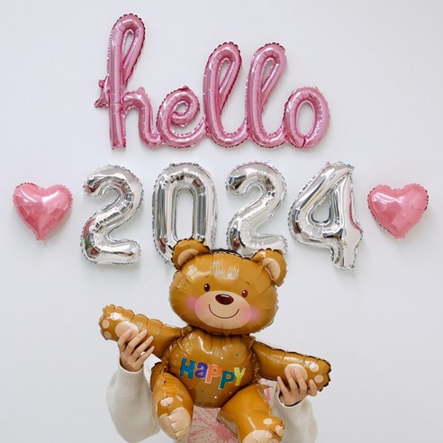 파티몬 헬로우 연말 파티 풍선 신년, hello 핑크 + 2024실버 + 하트 연핑크, 1개