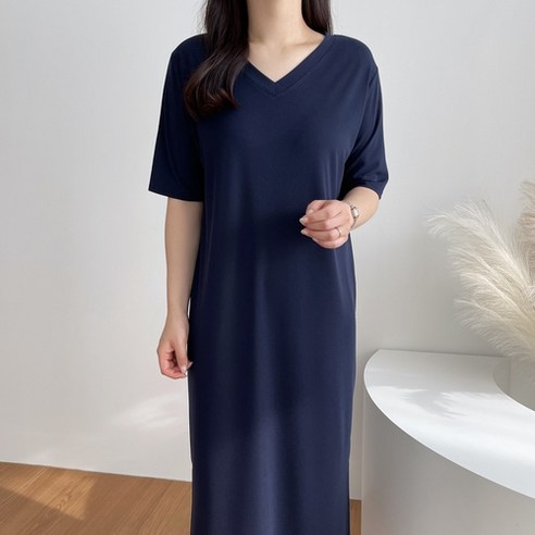 위시엘 시원한 여름 브이넥 반팔 롱 원피스