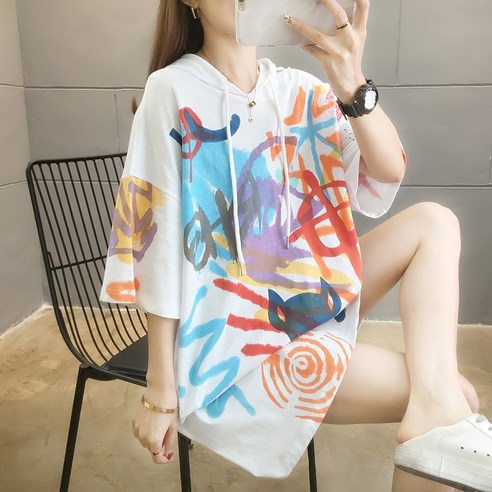 Maidefei 하절 루즈핏 프린팅 여성용 반팔 후드티