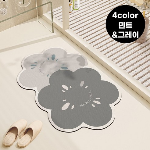 썸씽슈츠 욕실 미끄럼 방지 꽃모양 규조토 매트, 1개, 민트&그레이