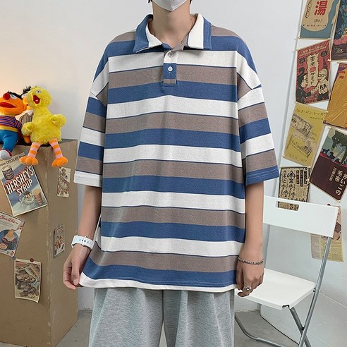 Yemi Fashion|여름 반팔 남성 POLO 셔츠 느슨한 트렌드 모든 경기 트렌드 홍콩 스타일 스트라이프 5 점 소매 티셔츠