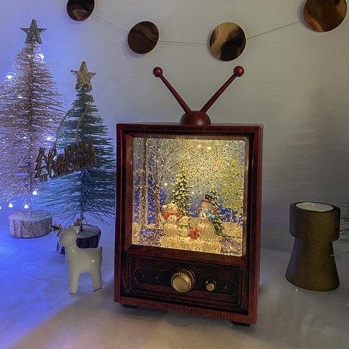 쥬크박스 크리스마스 티비 TV 스노우볼 오르골 선물 트리 장식 블루(눈사람 가족)