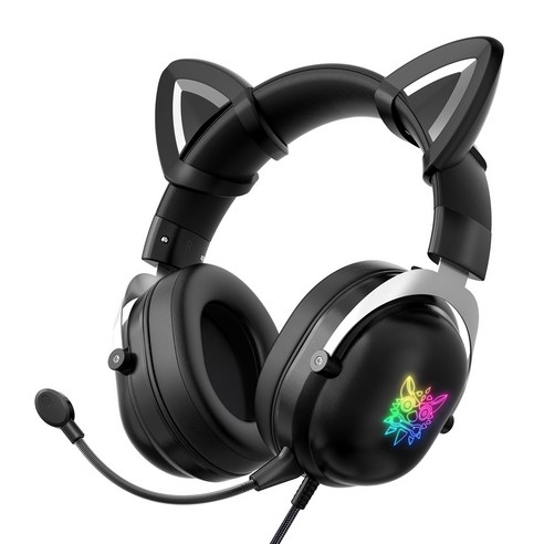jetbeez 유선 고양이귀 헤드셋 유선 헤드폰 게이밍 헤드셋 3.5mm RGB LED 조명, 블랙