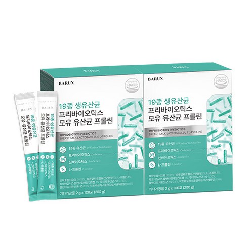바른 19종 생유산균 프리바이오틱스 모유 유산균 프롤린 2g x 100포, 200g, 2개
