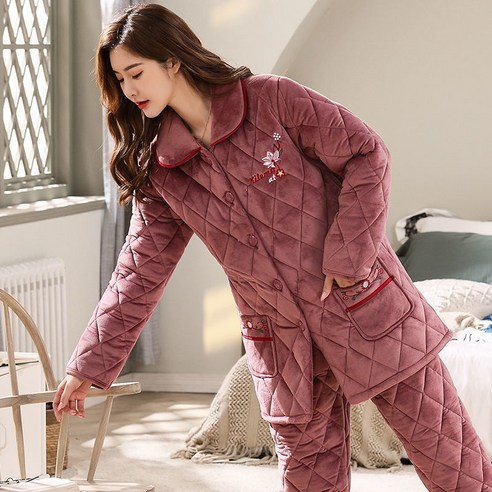 잠옷 여성 겨울 산호 양털 퀼트 세 레이어 두꺼운 플란넬 따뜻한 엄마 홈웨어 가을 겨울