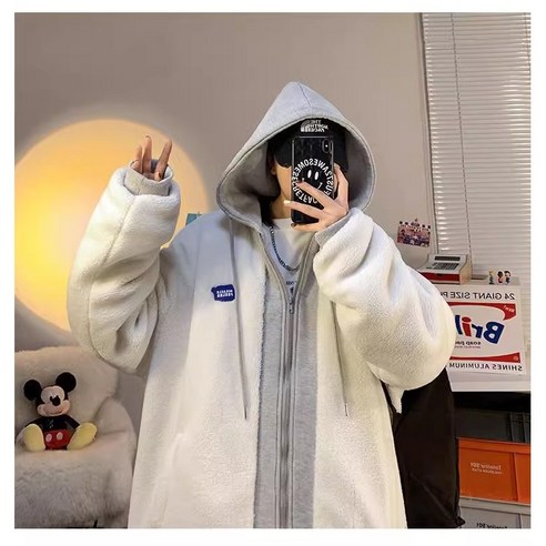 후드집업 남녀공용 데일리 양털 맨투맨 페이크 레이어드 루즈핏 플리스 자켓 2컬러