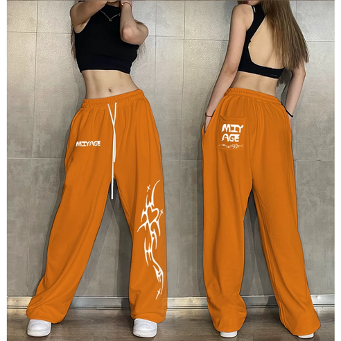 루트엑스 댄스복 MIYAGE 스트레이트 와이드 코튼 루즈핏 힙합 팬츠, 오렌지(고급원단)