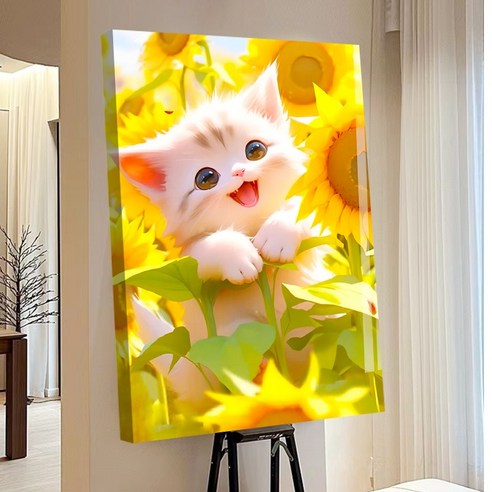 votgl 보석십자수 캔버스형 DIY 액자형 풍경 인물 꽃식물50x40cm, 037고양이, 1개