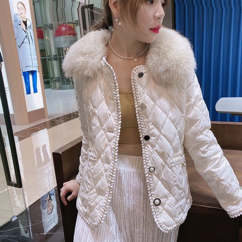 smy오리 자켓 여성 짧은 겨울 여우 모피 칼라 한국어 스타일 슬림 가벼운 코트 패션