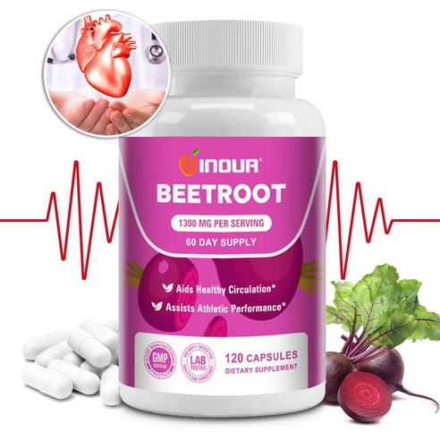 유기농 비트루트 캡슐 – 1회 제공량당 비트루트 분말 1300mg 함유 – 혈액 순환 및 지구력 향상 – 비유전자변형(Non-GMO), 비건, 글루텐프리, 2개, 60정