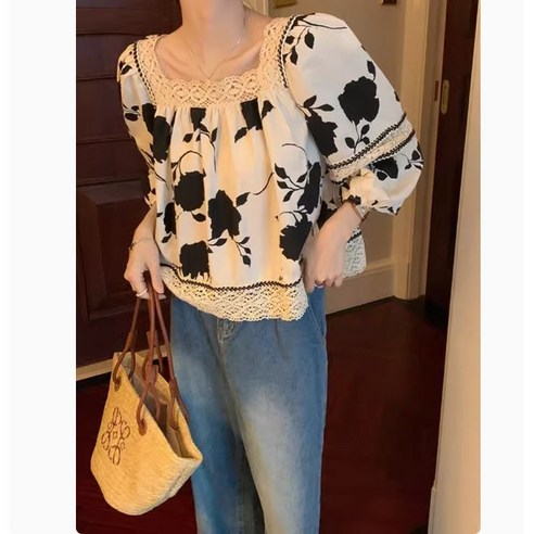 레이스 스퀘어넥 블라우스 루즈핏