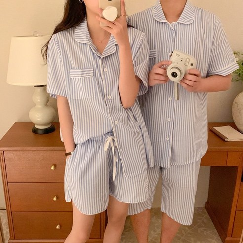 시크릿미 커플용 반팔 스트라이프 카라 잠옷 파자마 상하의 세트