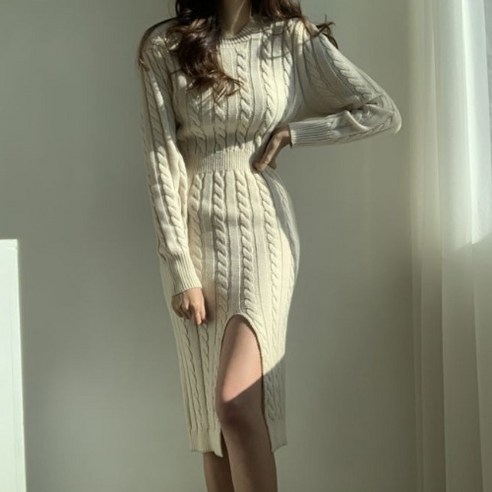 한국 세련된 가을 겨울 프랑스 스타일 섹시한 중공 크로스 V 넥 앞뒤 두 착용 트위스트 니트 드레스