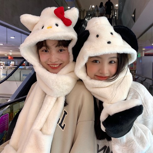 러블리 소녀 고양이 강아지 귀도리 올인원 바라클라바 목도리 포근한 모자 따듯한 머플러 일체형 친구선물 우정 커플