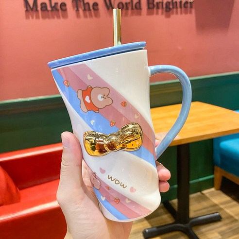 대용량 여자 리본 빨대 컵 엣지 아이디어 도자기 물컵 머그잔, 파란색, 500ML