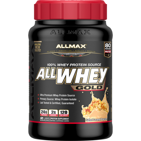 Allmax 올 웨이 골드 프리미엄 아이솔레이트 프로틴 블렌드, 솔티드 카라멜 팝콘(Salted Caramel Popcorn), 907g, 1개