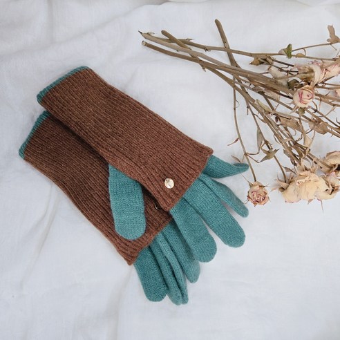 pkpj삐까뻔쩍 컬러 이중 핸드워머 단추 뽀송 장갑, 5그린브라운, 1개