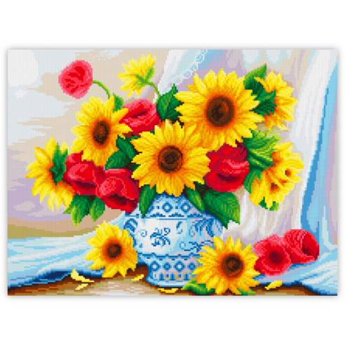 블링블링 캔버스 액자형 보석십자수 60 x 45 cm 해바라기 부엉이 금전수 DIY 세트 비즈 큐빅 중형, 1세트, CV-024 (해바라기&양귀비)