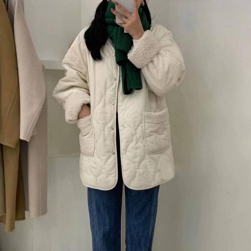 KORELAN 면복 여성 중장형 루즈핏 모조 스웨터 조인트 솜저고리 겨울 코트