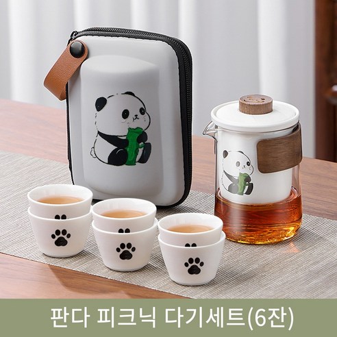 휴대용 도자기 티팟세트 판다 피크닉 다기 다도세트 찻잔 3/6개 구성, 화이트, 찻잔6개, 1개