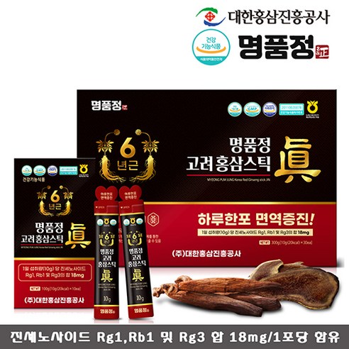 명품정 6년근 고려 홍삼스틱 진 10g x 30포 + 쇼핑백, 300g, 7개