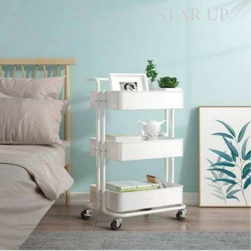 STAR UP 철제 트롤리 이동식 핸드 수납 카트 컬러, 화이트, 3단