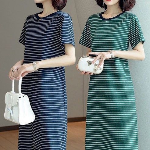 [1+1] 라운드넥 여성 여자 스트라이프 꾸안꾸 캐주얼 편한 데일리 단가라 줄무늬 여름 반팔 롱 원피스 베이직단가라반팔원피스