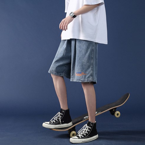 DFMEI 데님 반바지 남성 여름 얇은 외부 바지 패션 브랜드 미국의 스트리트 씻어 바지 신축성있는 바지