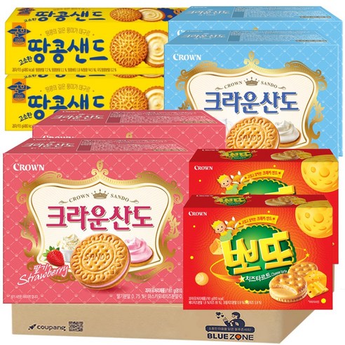 [블루존] 달달한 크림과자 크라운산도 4종 8입 (딸기161g 2개 + 크림 161g 2개) +(뽀또161g 2개 + 땅콩샌드93g 2개), 1개