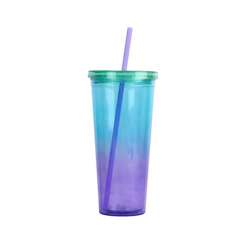 이중 플라스틱 빨대 컵 투명 플라스틱 점변 색망 빨간 빨대 컵 이중 빨대 물컵, 그래디언트 블루, 501-600ml