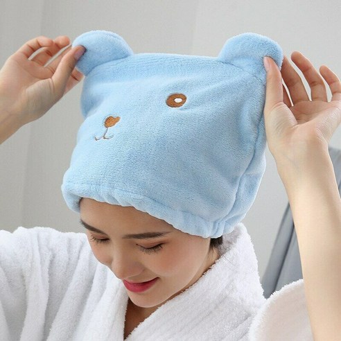 케어 베어 마이크로 화이버 헤어 터번 빠른 건조 목욕 머리 건조 수건 헤드 랩, 블루