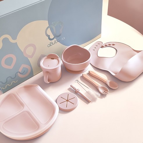어부바바 실리콘 유아 식기 선물 세트, 핑크(쇼핑백 포함 기프트 세트), 6종 구성 출산선물