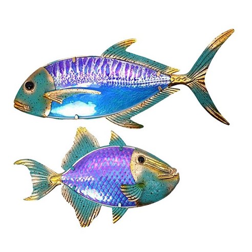 2Pcs 절묘한 금속 물고기 Sealife 벽 예술 장식 매달려 조각 발코니, 푸른
