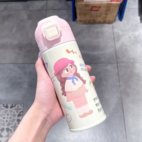 절연 컵 귀여운 소녀 인터넷 물컵 일본 휴대용 학생 높은 찾고 스테인리스 컵, 핑크 (소녀) 400Ml, 컵 + 컵 브러시