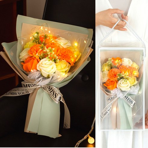 아르띠콜로 장미 카네이션 LED 기념일 꽃다발, 오렌지