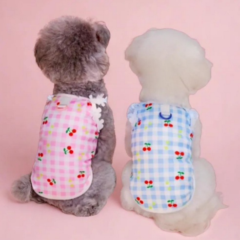 로얄리노 강아지 애견 봄 여름 가을 체크 체리 옷, 티파니블루L