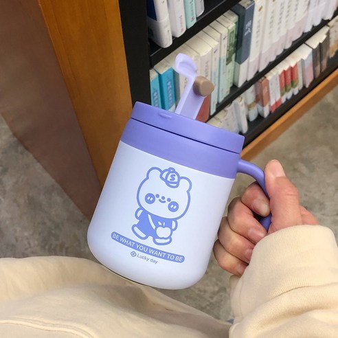 smy머그컵 학생 커피 보온병 컵 휴대용 컵 핸들 귀여운 소녀 크리 에이 티브 개성 트렌드, 블루 퍼플/350 Ml, 하나