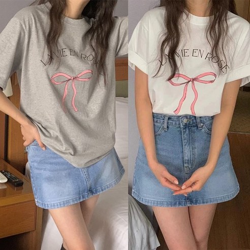(2장) 반팔 레터링 티셔츠 핑크리본T
