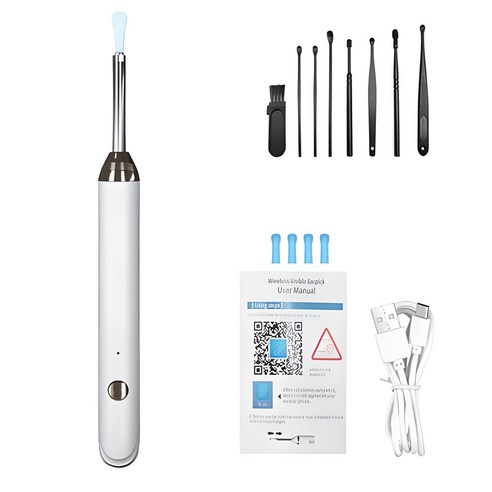 FONOW 내시경 귀이개 무선 LED 조명 1500W 고화질 스마트 카메라 귀이개, 화이트, 1개, 8세트