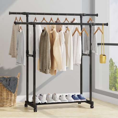 루만 공간활용 철제 스탠드 옷걸이 행거, 블랙