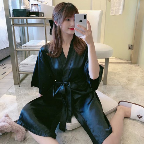 DFMEI-Y 일본 기모노 잠옷 봄과 여름 반팔 잠옷 여성 순수한 색상 얇은 매화 목욕 가운 여성 대형 홈, S, DFMEI F-블랙