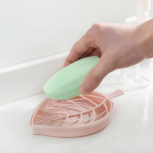 Plastic Double Drain Soap Dish Tray Creative Leaf Design Shower Storage Supplies 플라스틱 이중 배수 비누 접시 트레, {"크기":"S"}, 블루