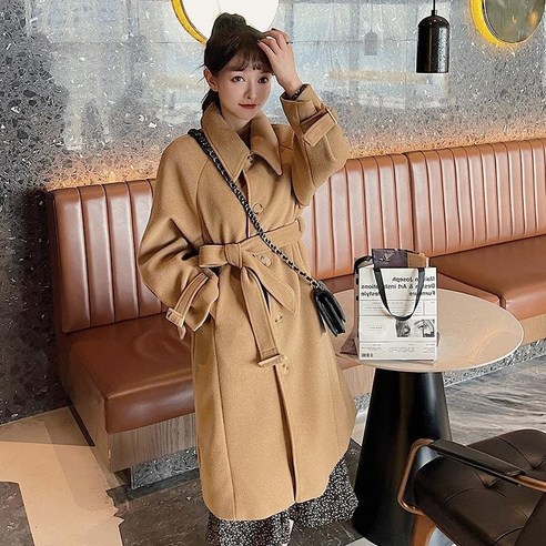 여성 모직 코트 중간 길이 가을 겨울 신작 일본식 허리 꽉 모직 코트 드롭 배송