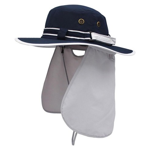 여름 태양 양동이 모자 넓은 챙 UV 보호 목 플랩, 55~61cm, 폴리에스터, 진한 파란색 모자