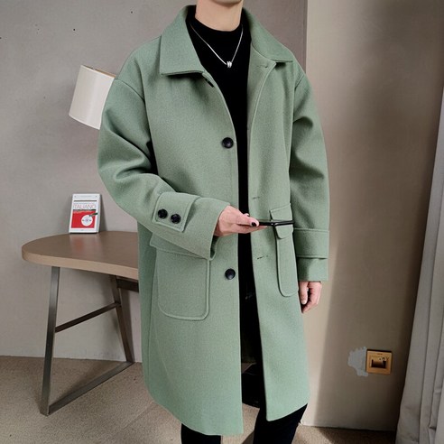 YY가을 겨울 느슨한 두꺼운 모직 재킷 남자 유행 잘 생긴 망토 옷깃 중간 길이 모직 코트
