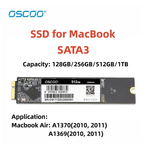 OSCOO 맥북 에어용 SATA3 SSD 2010 2011 A1369 A1370 하드 드라이브 용량 업그레이드 SSD 256GB 512GB 1TB, 1.256GB