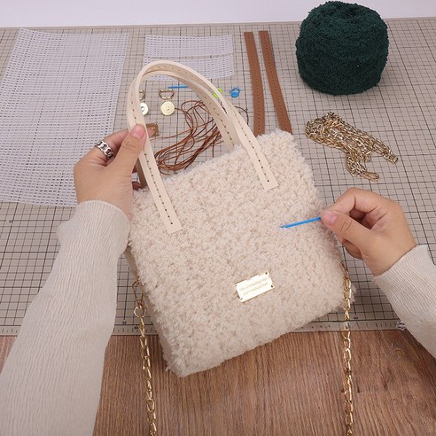 [영상제공] 샤샤벨 네트공예 뽀글이 미니백 만들기 토트백 크로스백 가방 DIY 키트 패키지, 아이보리, 1개