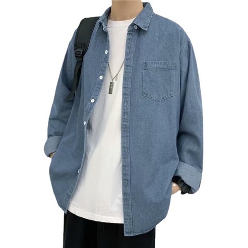 ANKRIC 카우보이 셔츠 남성 슬림 한국 패션 캐주얼 조커베이스 셔츠 타이드 브랜드 일본 간단한 긴팔 셔츠 셔츠