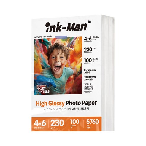 잉크맨 고광택 사진용 프린터 용지 세트 – 4×6 / 5×7 / A4 / 11R / A3, 230g, 1개, 100매 
복사용품/라벨지
