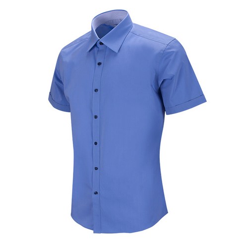 남자 슬림핏 부드러운 파란색 목배색 스판 반팔 와이셔츠
